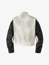 Skull Print Paneled Stand-up Collar Leather Jacket